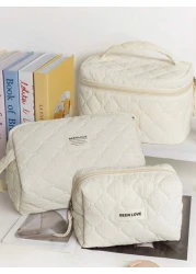 1Pc Set Beige Quilting Makeup Bag With Soft Texture Vintage Large Capacity Cosmetic Bag Travel Organizer Handheld Minimalism Cozy Foam Toiletry Big Set Lightweight Fluffy Makeup Pouch Home Decor Delic