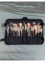 1Pc Professional Makeup Artist Folding Zipper Brush Holder With Spacious Interior Large Capacity PU14 Holes Canvas 29 Holes Cosmetic Standing Pouch With Portable Beauty Storage Bag Makeup Brush Organi