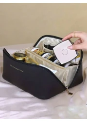 1pc PU Leather Waterproof Makeup Bag Convenient Toiletry Organizer Large Capacity Double Layer Makeup Case Summer Travel Vacation Home Bathroom Decor Holiday Makeup Organizer