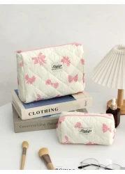 قطعة واحدة حقيبة مستحضرات تجميل محمول بمقبض مبطن بقماش كبيرة السعة للنساء لتخزين مستحضرات التجميل والفرش، من