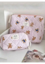 1Pc Set Cute Pink Bear Pattern Large Capacity Multifunctional Cosmetic Bag Makeup Bag Girls Make Up Bag Back To School Wallet Pouch Portable Cosmetics Brush Clutch With Zipper Closure For Lipstick Mom