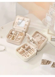 1pc PU Leather Square Jewelry Box Mirror Design Jewelry Storage Case Multifunctional Desktop Organizer Box Removable Compartments Suitable For Rings Earrings Necklaces Lipsticks Makeup Organizer