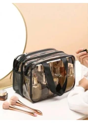 1pc Double Layer Clear Travel Toiletry Bag Large Capacity Handheld Makeup Organizer Pouch Zipper Mesh Pockets For Cosmetics Skincare Toiletries Jewelry And More Ideal Gift For Mother s Day Valentine s