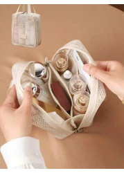 1pc Large Capacity Ivory Mesh Makeup Bag Portable Travel Toiletry Bag Multi Functional Storage Pouch Zipper Bag Travel Bag For Cosmetics Skincare Phones Jewelry And Small Items Gift Vacation Multiple