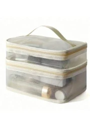 1pc Double Layer Mesh Cosmetic Bag Summer Travel Toiletry Bag Multi Functional Makeup Organizer Bathroom Cosmetics Storage Bag Large Capacity Cosmetic Bag Handbag Beach Bag Jewelry Box Makeup Brush Ho