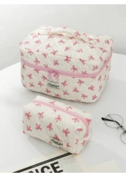 1 PC Rice Bottom Print Pink Bow Daily Soft Make Up Bag Fashionable And Casual Large Capacity Portable Zipper Makeup Bags Travel And Vacation Essentials Cosmetic Bags For Sanitary Napkins Pouch Pads Wi