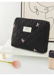 1 Piece Women s Bow Embroidered And Quilted Makeup Bag Sets Travel Cosmetic Bag With Handle Tampon Storage Bag Sanitary Pad Pouch Large Capacity Cosmetic Bag Lightweight Fluffy Filling Toiletries Bag