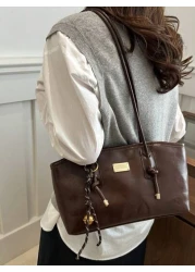 1pc Pu Solid Color Bowling Bag Large Capacity Tote Bag New Fashion Vintage Shoulder Bag Quilted Zipper Closure Suitable For Women Daily Use