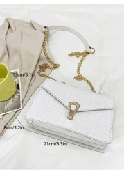 Crocodile Embossed Flap Chain Square Bag Lightweight Business Casual Small PU Leather Solid Color Square Shoulder Bag Perfect Sling Bag For Daily Use For Teen Girls Women College Students Rookies Whit