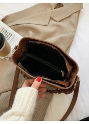 1pc Solid Color Retro Fashion Woven Zipper Bucket Bag Versatile Shoulder Crossbody Handbag Suitable For Daily Use