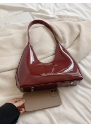 Korean Style Minimalistic Red Lacquered Baguette Crescent Shoulder Bag For Women Premium Handbag
