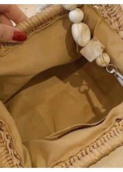 Solid Color Straw Fabric Beach Travel Casual Shoulder Bag For Women Minimalistic Design Vacation Bag For Summer Perfect For Beach Vacation Shopping And Vacation Essentials Perfectly Matching With Vaca