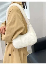 Mini Women Furry Solid Color Shoulder Bag Fashion Versatile Fluffy Handbag For Daily Commute Shopping Dating Crossbody Bag Under Arm Bag