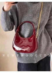 Low Tea 1pc Solid Color Glossy Patent PU Leather Shoulder Bag Women s Fashion Underarm Crossbody Crescent Bag With Ancora Red Letter Top Handle Metal Zipper Closure Metal Chain Shoulder Strap For Dail