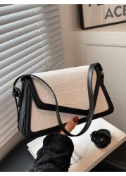1pc Fashionable Color Block Crocodile Pattern Diamond Checkered Flap Zipper Vintage Simple Shoulder Bag Ideal For Daily Use