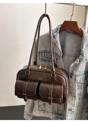 Faux Leather Solid Color Retro Multiple Pocket Large Capacity Women s Shoulder Bag With Hanging Decorations Suitable For Women s Daily Use And Travel Holiday