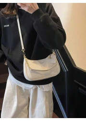 New Elegant Solid Color PU Underarm Bag Metal Chain Handle Women Shoulder Bag