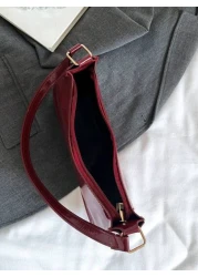 Solid Color Minimalist Zipper Closure Shoulder Bag Stylish Simple Crescent Bag Zipper Shoulder Bag Faux Leather Solid Color Purse Burgundy Bag New Year Ideal Gift Fashionable Burgundy Bag