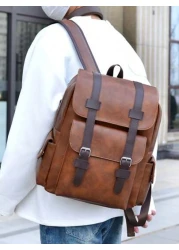 New Spring Summer Solid Color PU Material Fashion Stylish Men Backpack Business Casual Backpack Student Schoolbag Flap Style Large Capacity Multi Pocket Organizer Fits Books Documents Clothes Laptop U