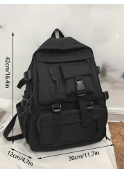 Men Release Buckle Decor Multi Compartment Backpack Schoolbag School Casual Backpack Solid Color Black Backpack For Sport Lightweight With Adjustable Strap Book Bag Large Capacity Winter Zipper Bag La