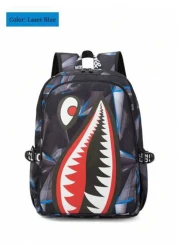 Unisex Fashion Shark Mouth Print Backpack Shoulder Bag Contrast Blue Lightning Graphic School Laptop Bag With Adjustable Strap Random All Over Printed
