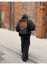 Novelty Retro Old School Shoulder Bag text Me If You Want Me Cellphone Funny Telephone Shaped Large Capacity PU Leather Rucksacks Technology Fan Toy Supplies Backpack School Backpack Students Book Bag