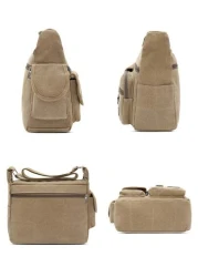 1Pc Khaki Canvas Shoulder Bag Large Capacity Multilayer Messenger Bag Student Travel Shoulder Bag Crossbody Bag Sling Bag For College School Lightweight Multifunctional Dad College Bag Freshman Multi