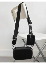 محفظة بيضاء مربعة صغيرة بسيطة مع حزام عريض قابل للإزالة، حقيبة كتف للتخرج ولوازم المدرسة