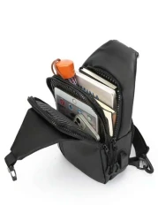 Sling Bag For Men Crossbody Bag USB PU Leather Shoulder Bag Chest Bag For Daily Use Waterproof Lightweight One Strap Backpack