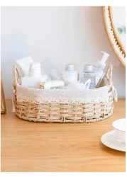 مجموعة من 2 سلال منسوجة بيضاوية صديقة للبيئة مع مقابض - صناديق تخزين متينة بإطار بلاستيكي قوي وبطانات قماشية قابلة للإزالة والغسل لتنظيم المنزل في غرفة المعيشة، غرفة النوم، الحمام، وغرفة الأطفال - بيج