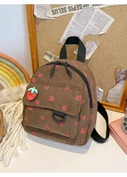 1 Piece Closed Fashionable Japanese Corduroy Stripes Small Fresh College Style Strawberry Pattern Backpack Korean Harajuku Print Small Backpack Suitable For All Occasions Comfortable And Adjustable Sh
