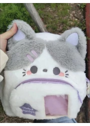 حقيبة ظهر صغيرة سعة كبيرة مع قطة بنفسجية لطيفة لحقيبة مدرسية ناعمة، حقيبة ظهر كرتونية، إغلاق بسحاب، أشرطة كتف