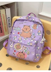 1pc Cute Capybara Backpack Cartoon Animal Print Casual Style Back To School Backpack With Zipper Closure And Adjustable Shoulder Straps Suitable For Campus And Travel