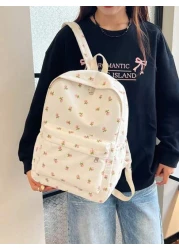 1pc White Nylon Floral Print Dual Zipper Large Capacity Fashionable Versatile Backpack Student Bag