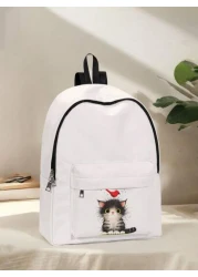 قطعة واحدة حقيبة ظهر صغيرة مطبوع عليها قطة كيوت، مزودة بسحاب إغلاق، جيوب، حقيبة ظهر عصرية للأولاد والبنات، من