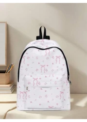 1pc Colorful Bow Backpack With Pockets Zipper Closure Suitable For Boys And Girls Stylish Everyday Use Backpack For School And Outdoor Activities