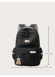 Bear Charm Decoration Large Capacity Casual Fashion Backpack Solid Color School Bag Large Capacity Zipper Simple School Bag Cute Student School Bag Suitable For Girls Daily School And Outing Use