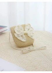 حقيبة كتف للأطفال بشكل أميرة مزينة بفيونكة شريطية وقش ،مناسبة للخروجات اليومية، قطعة واحدة