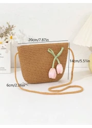 حقيبة قش جديدة للبنات، خفيفة الوزن وعصرية، مناسبة للشاطئ والسفر والتسوق، مزينة بأزهار وردية جميلة، حقيبة هات