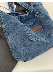 Canvas Shoulder Tote Bag Large Capacity Denim Solid Color Handbag Simple Commuter Handbag