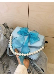 1pc Sweet Bow Solid Color Small Bag Retro Fashion Square Casual Pearl Chain Messenger Bag Cute Elegant Coin Purse Pu Material Flip Cover Magnetic Buckle Applicable Suitable For Daily Use When Out Shop