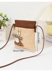 Girl New Straw Woven Bag With PU Strap Lightweight Fashion Adorned With Cute Rabbit Charm Suitable For Beach Travel Street Wear Crossbody Handbag