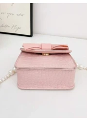 1pc Fashionable Pearl Chain Strap Mini Sling Bag With Bow Design Spring Summer