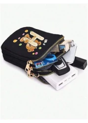 1pc Stylish And Simple Straddle Walk Mini Bag Bear Ko U Wood Printed Coin Wallet With Mobile Phone Pocket Casual Trip Back To School Gift