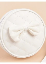 1pc Girls PU Quilt Plaid Bow Soft Sweet Round Mini Crossbody Bag Suitable For Daily Use