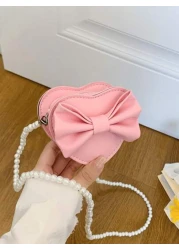 PU Leather Bow Decor Child s Single Shoulder Bag With Pearl Strap Princess Heart Shaped Small Crossbody Purse