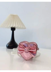 Holographic Pearl Strap Crossbody Bag With Bow Heart Design Girls Shoulder Bag