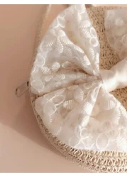 1pc Girls Lace Bowknot Straw Crossbody Bag Kids Coin Purse For Travel Beach