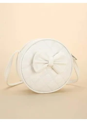 1pc Girl s White PU Shoulder Bag Fashionable Cute Bow Design Small Round Bag With Rhombus Embroidery Fits For Phone And Coins Zippered Closure Suitable For All Seasons