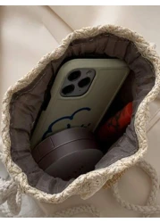 Girls Floral Graphic Drawstring Straw Bag